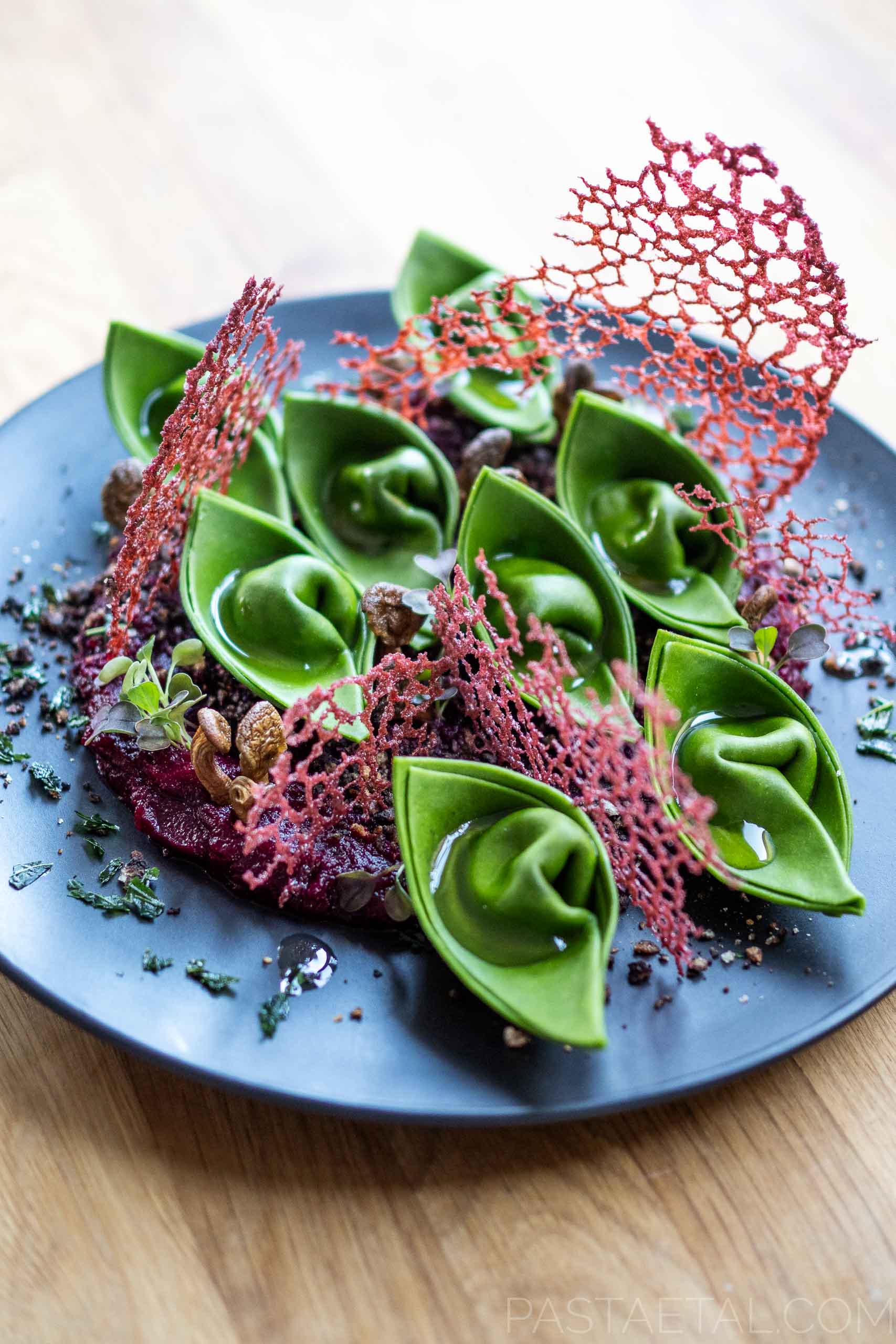 Smoky Nettle Cappellacci with Beetroot Purée and Cocoa-Rhubarb Crumb - Pasta  et Al