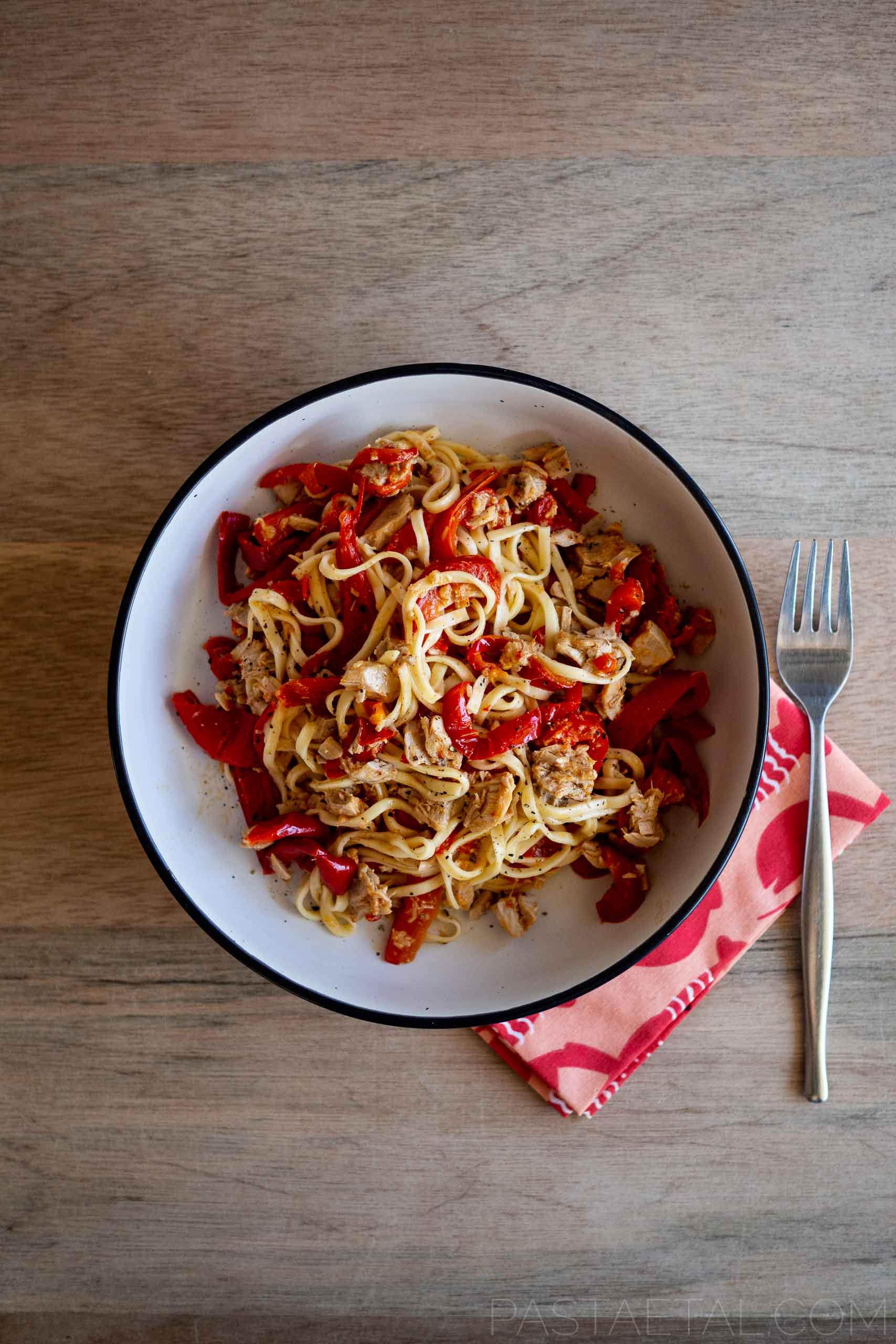Spaghetti alla Chitarra with Capsicum and Homemade Tuna in Oil